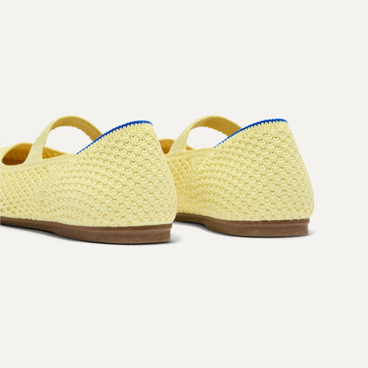 Close up of the heel of The Kids Mary Jane in Lemonade Open-Knit.