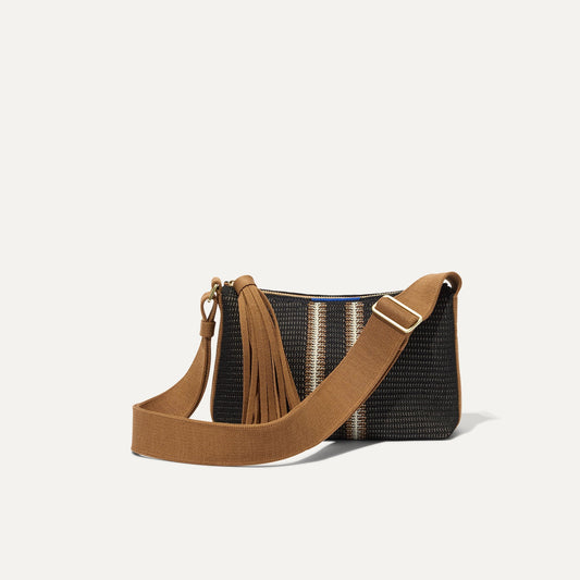 PLP |The Casual Crossbody in Coffee Market Stripe shown from the front.