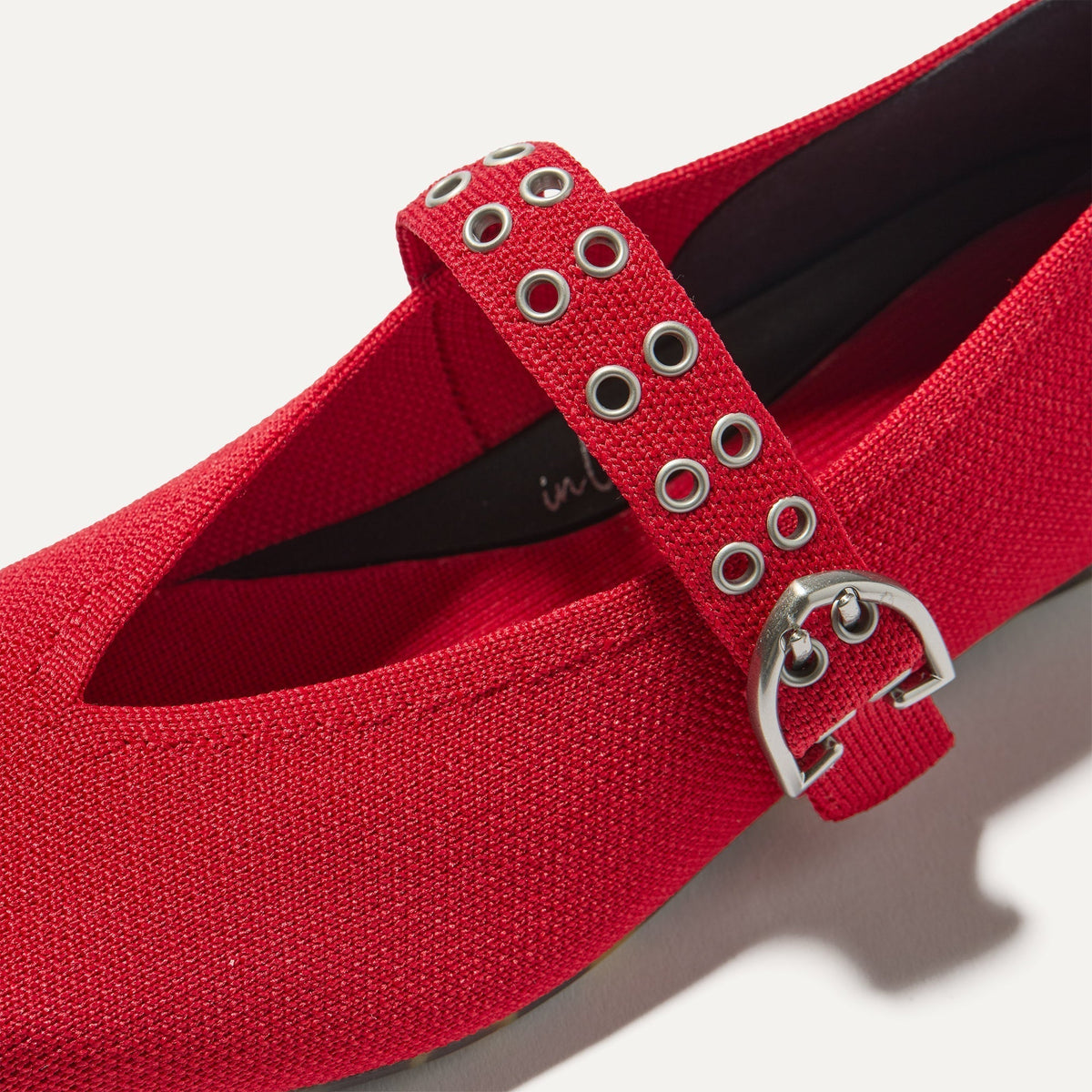 Top view of the square toe and V-shaped vamp of The Max Buckle Mary Jane in Cherry.