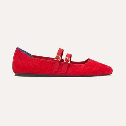 side | The Double Buckle Mary Jane in ReVelvet™ Red Crisp shown from the side.
