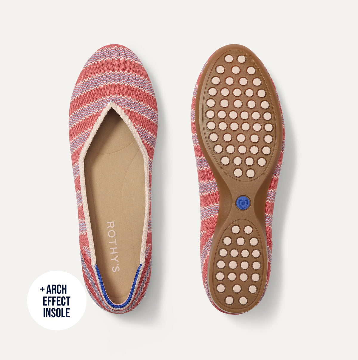 PDP |The Daily Flat in Sunkiss Stripe shown from the top with one shoe showing the outsole.