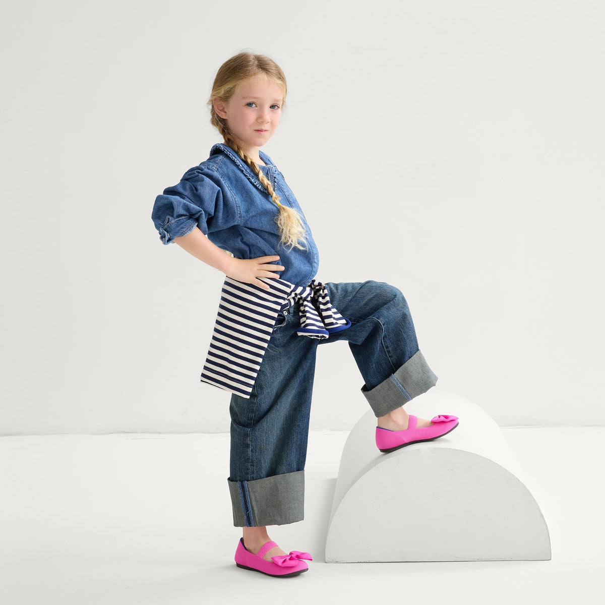model | An alternate image of a model wearing The Kids Big Bow Mary Jane in Dragon Fruit.